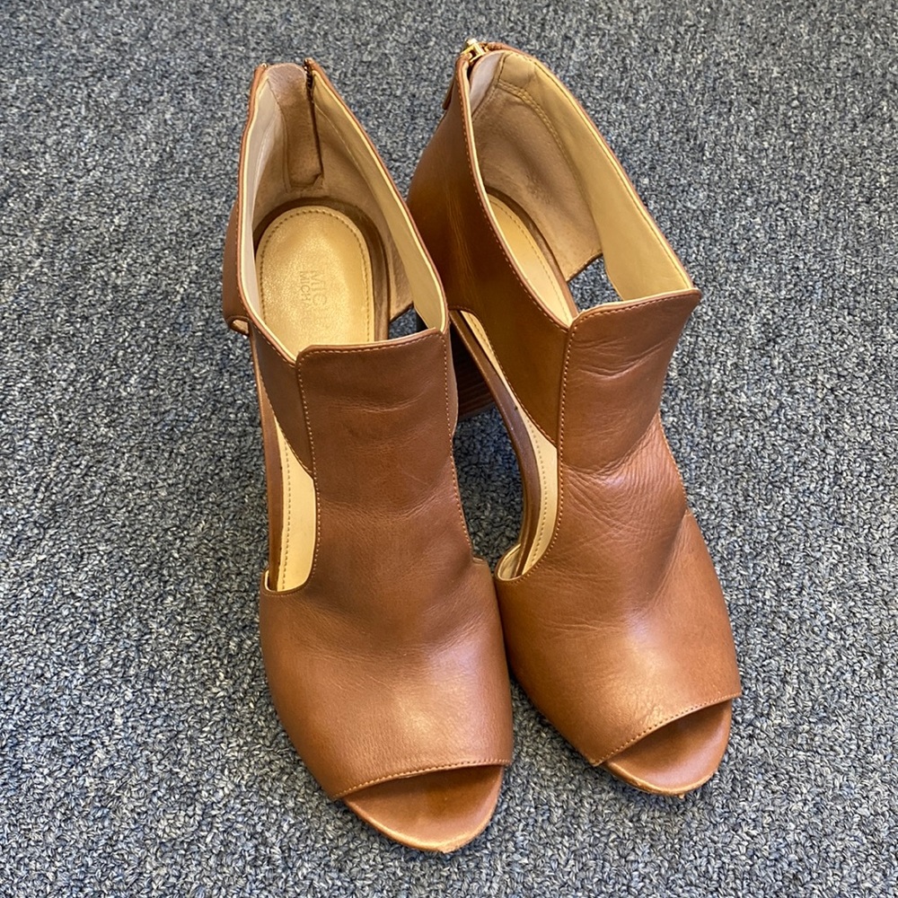 Michael Kors brown leather cut out peep toe booties, with gold details